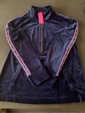 Lilly Pulitzer Navy Velour Zip Jacket with Hot Pink Trim